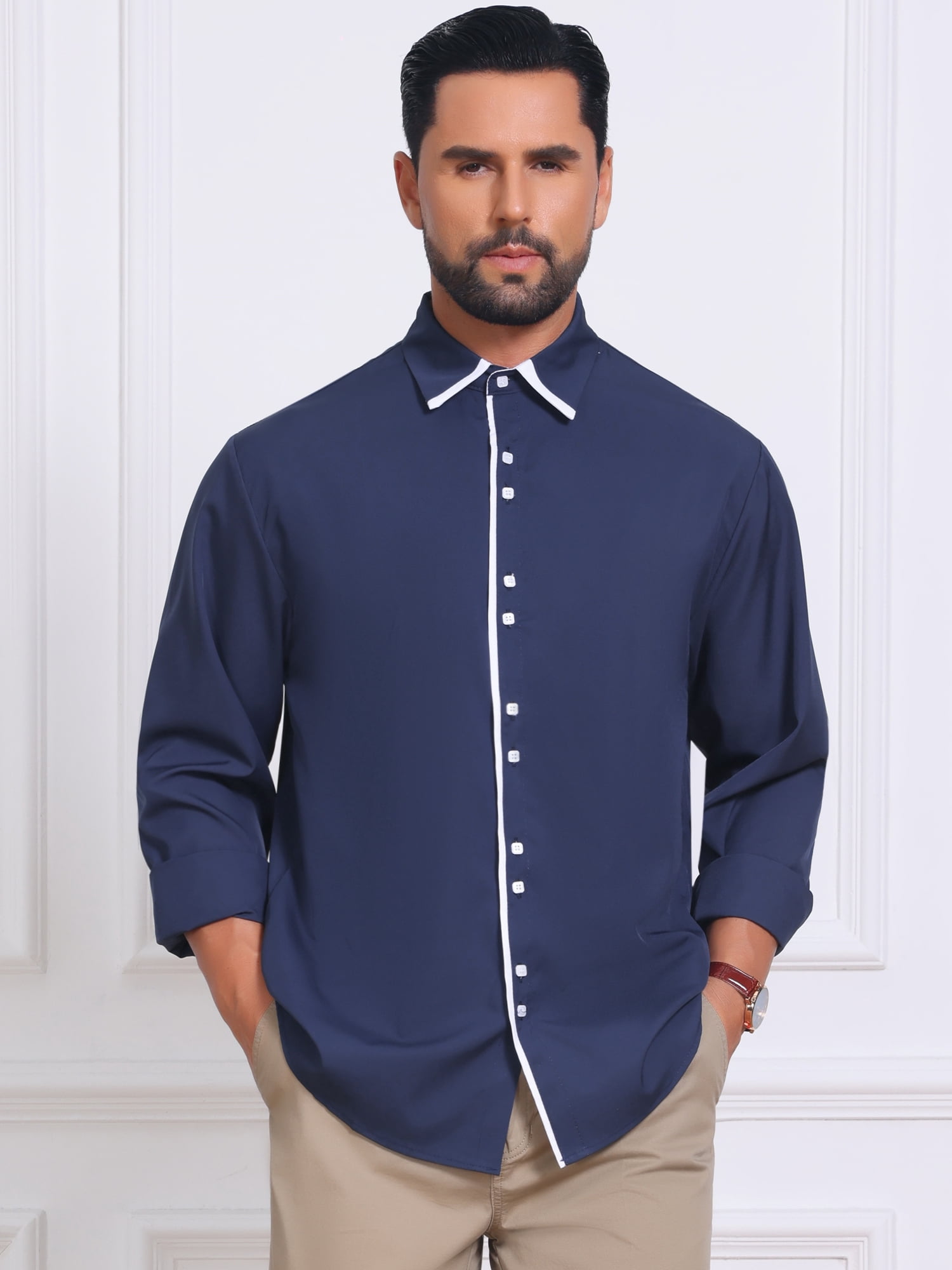 DARING DIVA Men's Contrast Trim Long Sleeve Button Down Formal Shirts 2XL Dark Blue