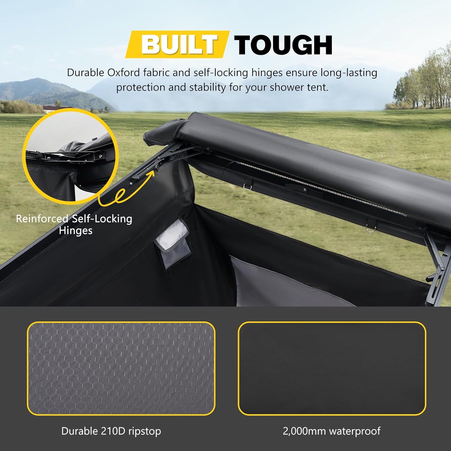 BUNKER INDUST Vehicle Side Shower Tent with Roof, Portable Outdoor Camping Privacy Shower Room Waterproof Awning, Built-in LED Light for Night, Black