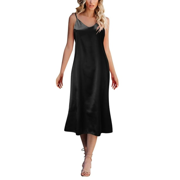 Gibobby Maxi Vestido De Dama Vestido liso a la moda para mujer, vestido holgado con cuello de y tirantes sin mangas, camisón para el(Negro, XXXL)
