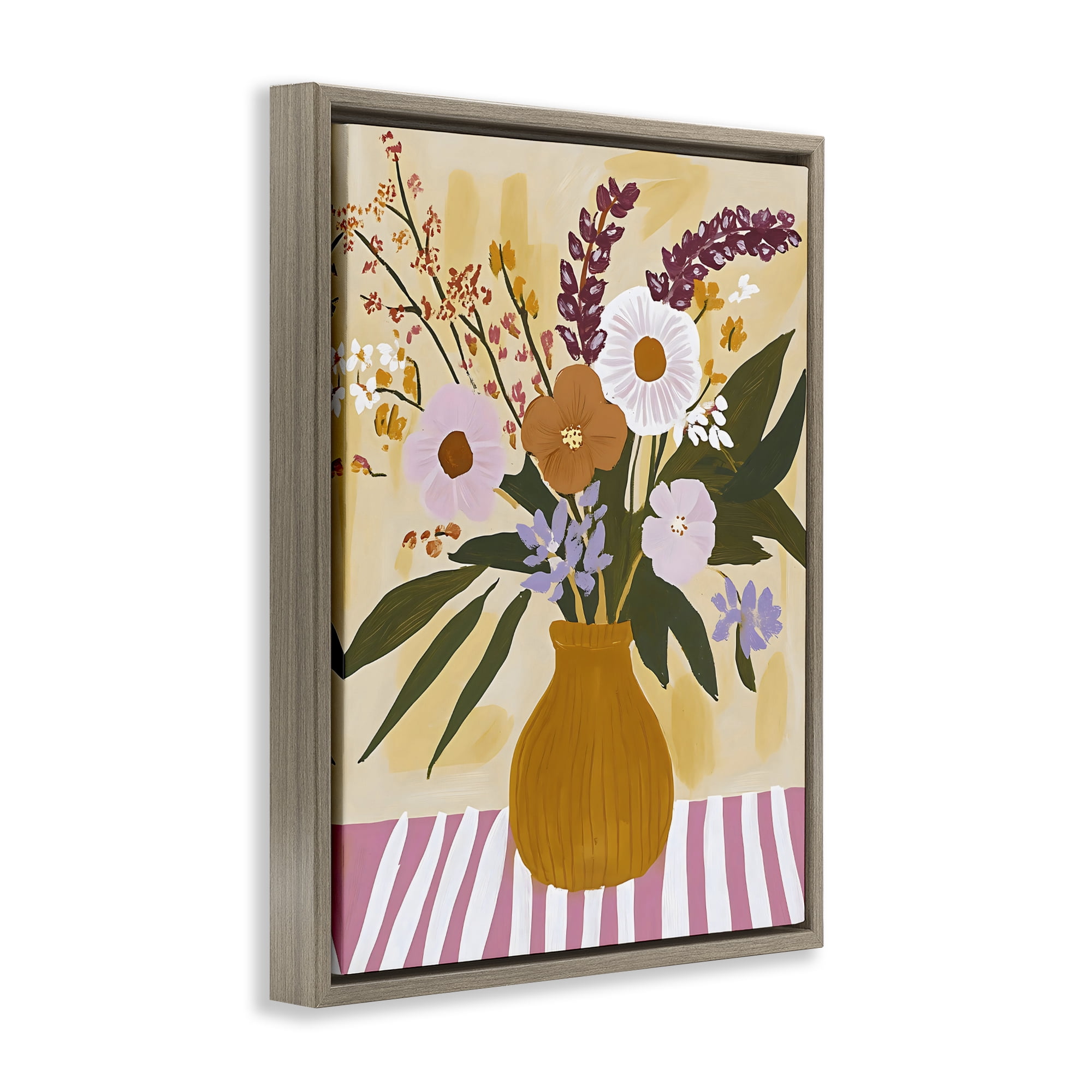 Stupell Industries Boho Flowers on Pink Stripes Brown Framed Floater Canvas Wall Art, design by Creative Studio