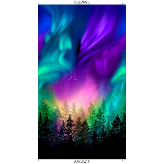 23.5" X 44" Panel Northern Lights Aurora Borealis Night Sky Stargazers Stars Trees Silhouettes Nature Landscape Multicolor Cotton Fabric Panel (PANEL-C8456-MULTI)