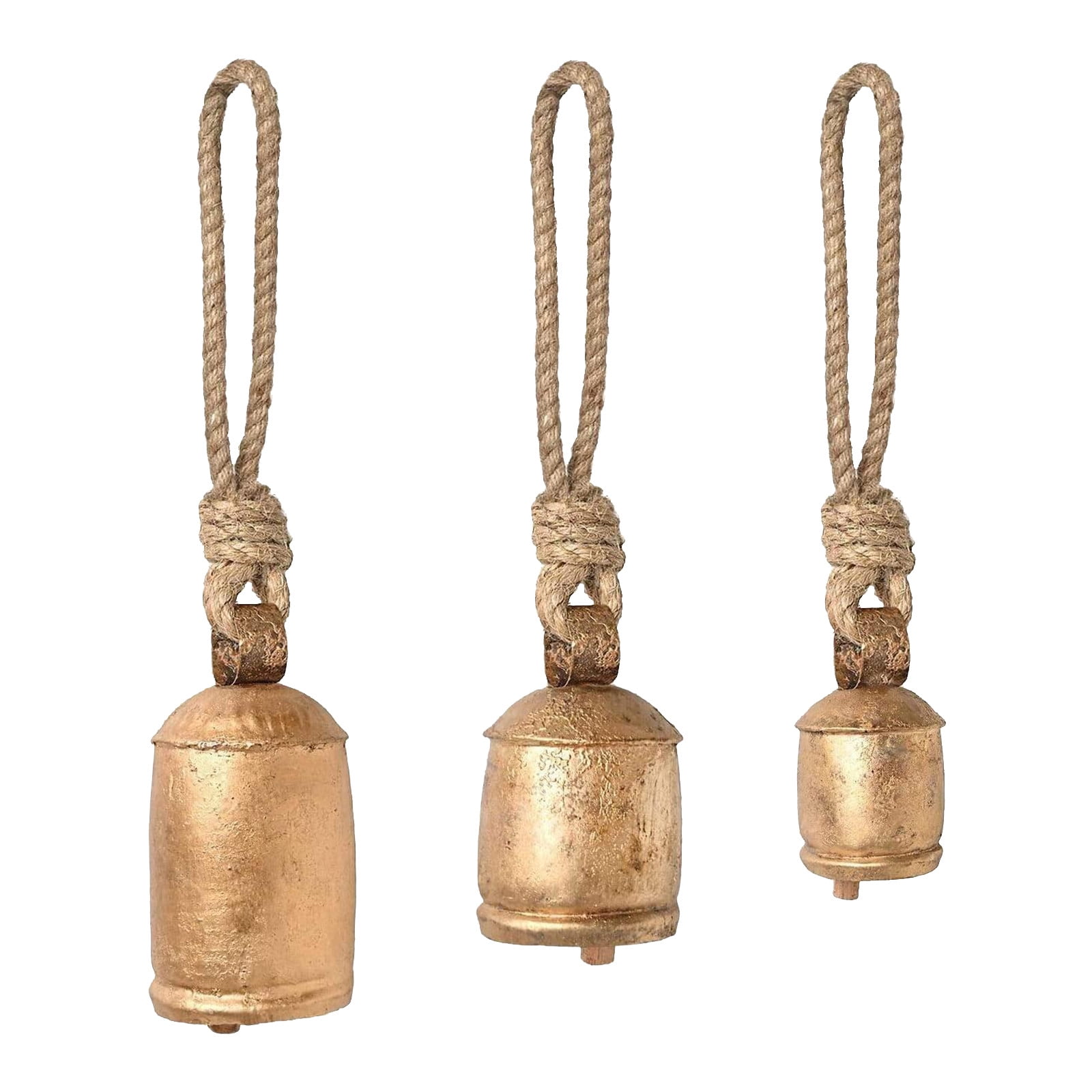 Rustic Cow Bells on Rope Set of 3 - 3, 4, 5 Tall - Paykoc Imports, Inc.
