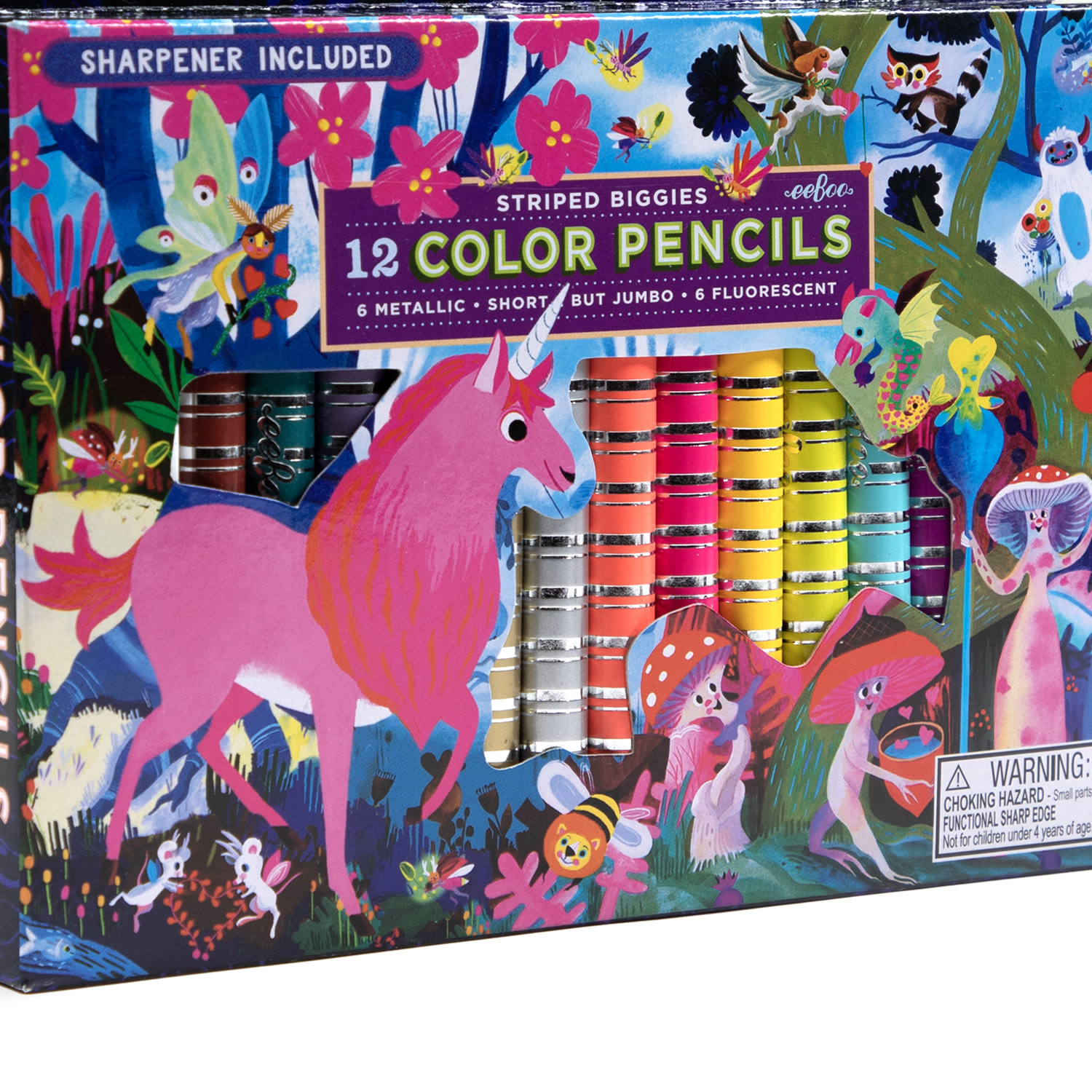 eeBoo: Striped Biggies 12 Color Pencils: Magical Creatures - 12pc Set w/ 6 Fluorescent & 6 Metallic Colors, Includes Sharpener, Art Supplies, Kids Ages 4+