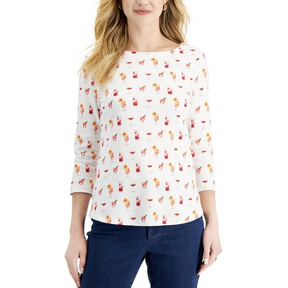 Charter Club Women's Printed 3/4-Sleeve Cotton Top Petite Size PXL