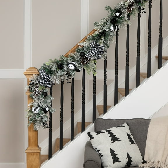 Northlight Flocked Pine with Harlequin Ornaments and Bows Artificial Christmas Garland - 6' x 8" -