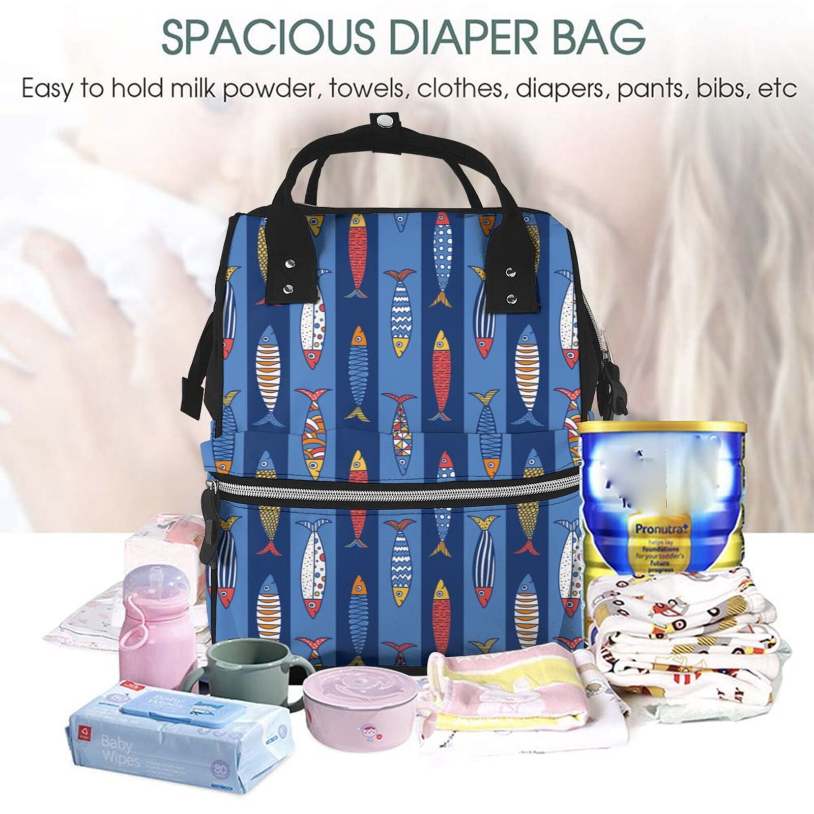 Ratiio Cute Fish Mummy Backpack - Waterproof Twill Canvas, Large Capacity Diaper Bag with Multiple Pockets and Adjustable Straps