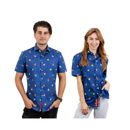 Super Mario Bros. Icons Navy Button-Up Short Sleeve Adult Shirt | X-Large Super Mario Bros. Icons Navy Button-Up Short Sleeve Adult Shirt | X-Large