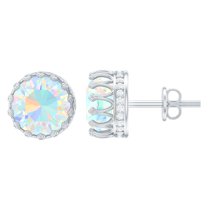 Rosec Jewels Solitaire Ethiopian Opal Crown Stud Earrings with Moissanite (8 mm, AAA Grade), 14K White Gold