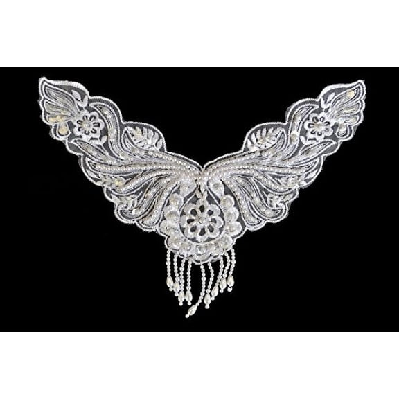 Altotux 10" x 8" White Bridal Beaded Embroidery Motif Applique Patch by Piece