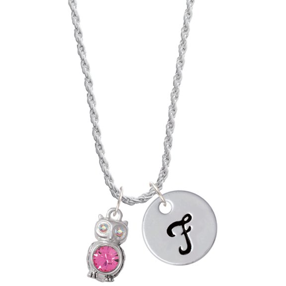 Delight Jewelry Silvertone 3-D Hot Pink & AB Crystal Owl Silvertone Script Initial Disc - F - Charm Necklace, 20"+3"