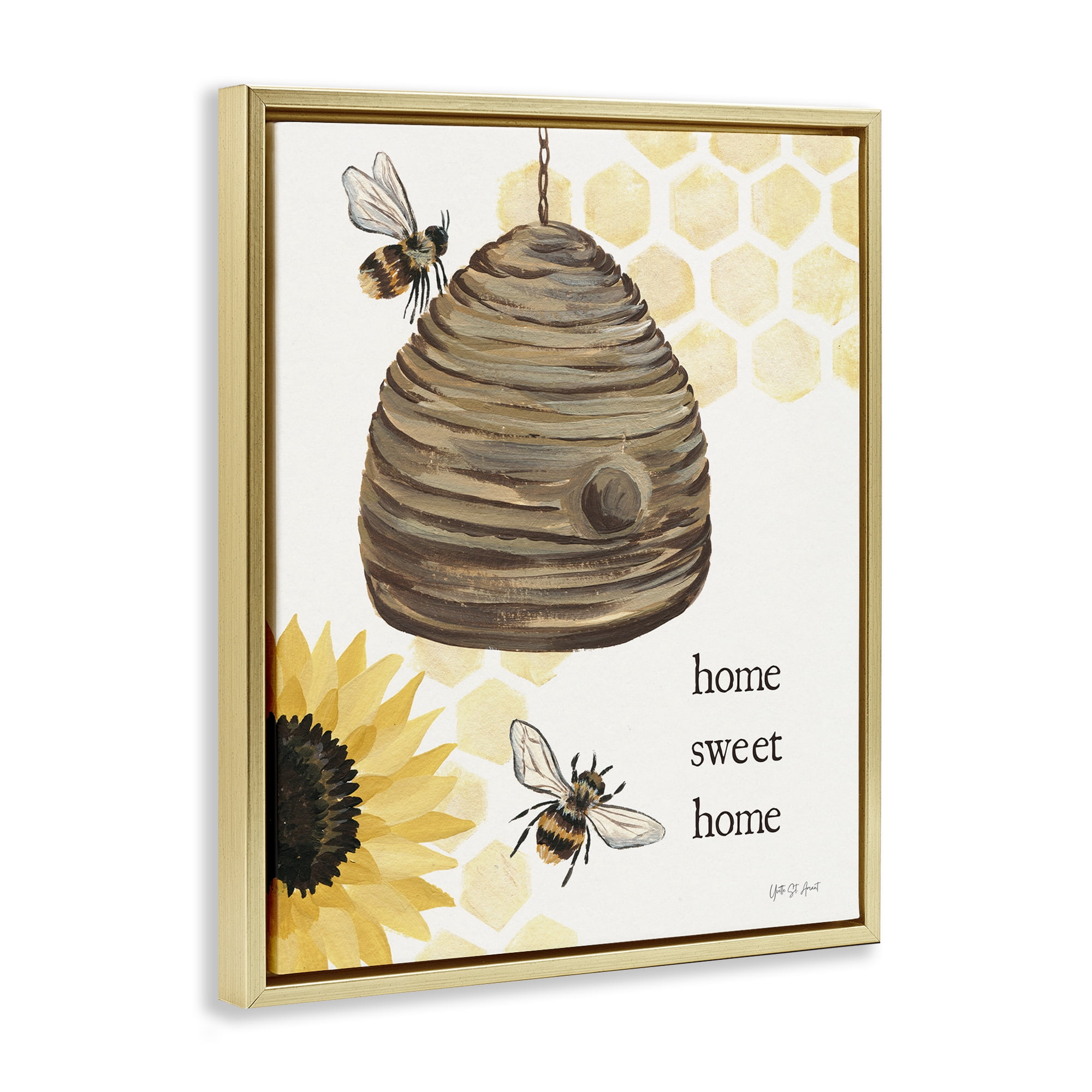Stupell Industries Sweet Home on Honeycomb Botanical & Floral Painting Gold Floater Framed Canvas Art Print Wall Art, 25 x 31