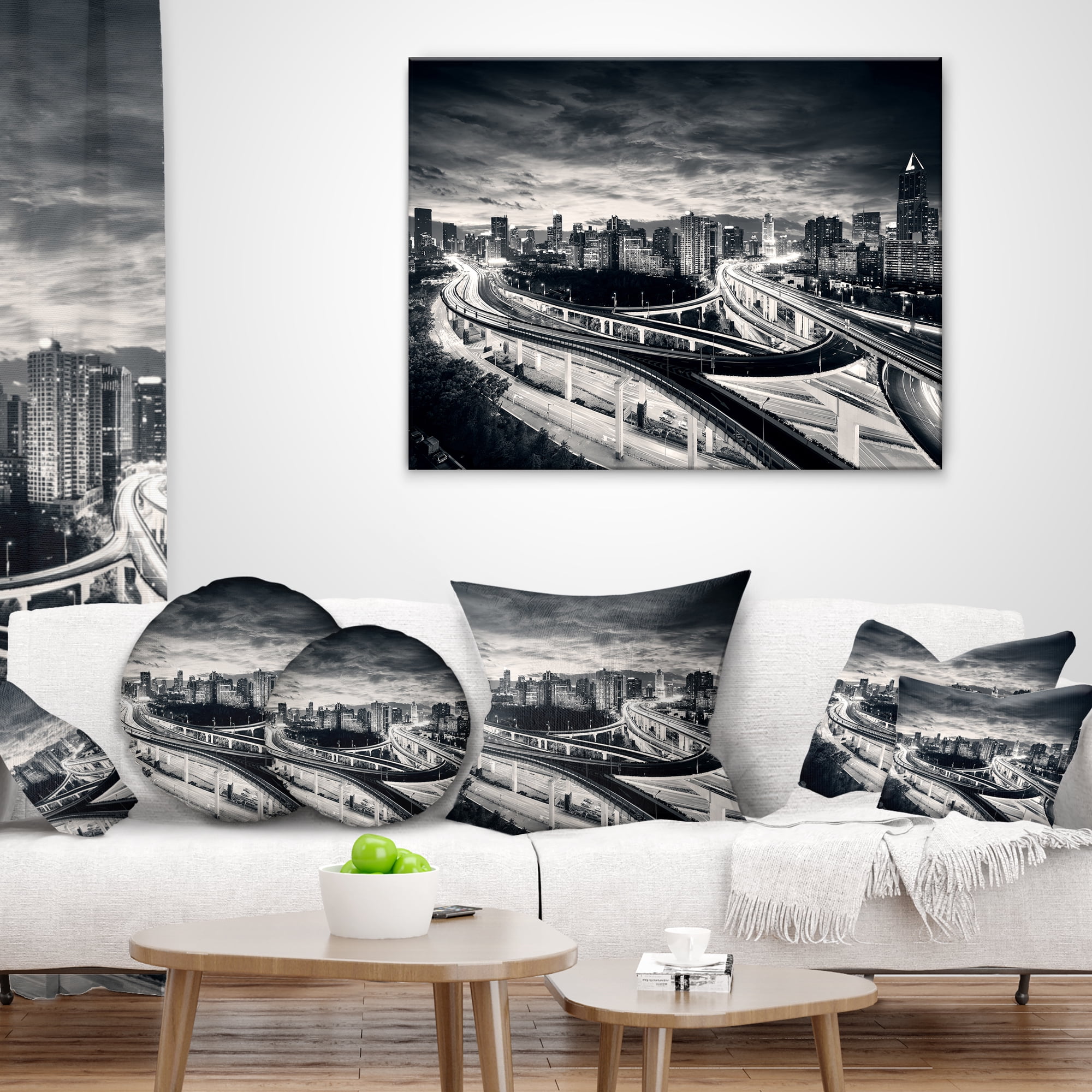 Designart Dark Shanghai City - Cityscape Photography Throw Pillow - 16x16