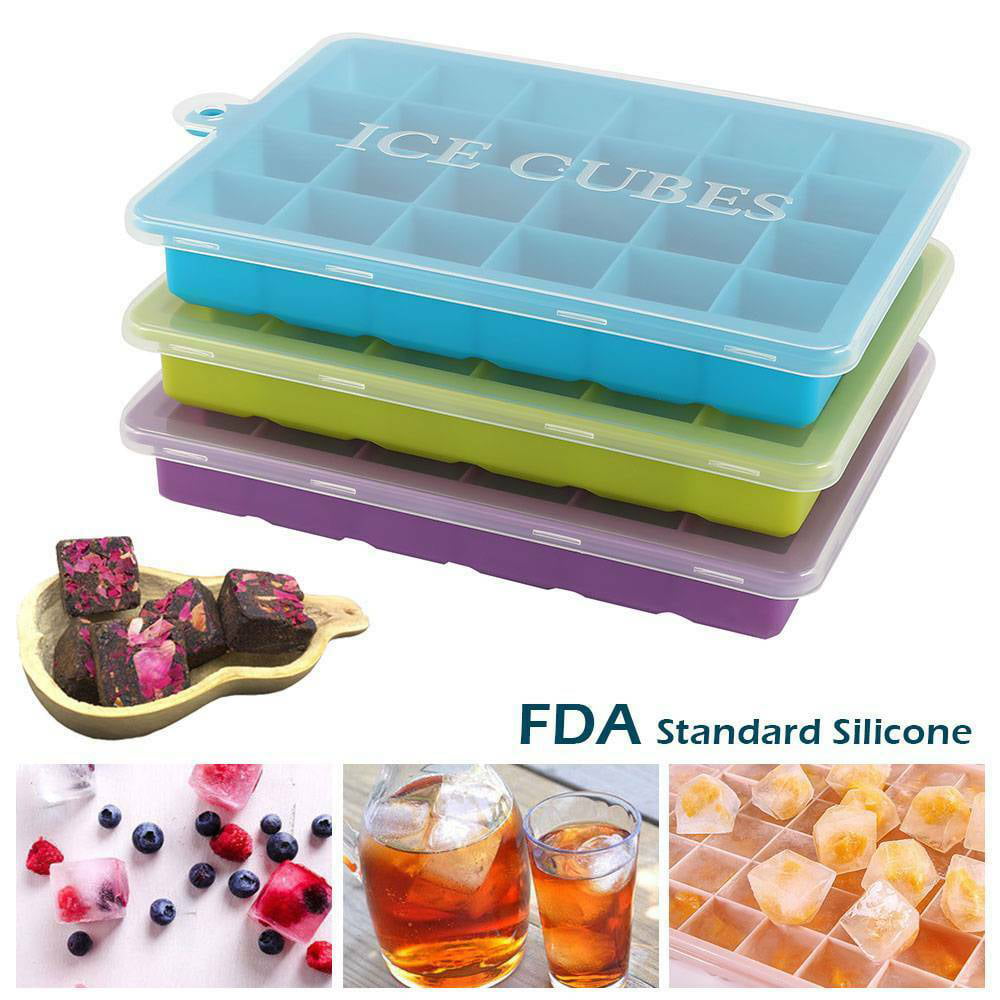 24 Slot Silicone Ice Cube Tray Mould Plastic with Lid Home Freezer Maker 2pk. 