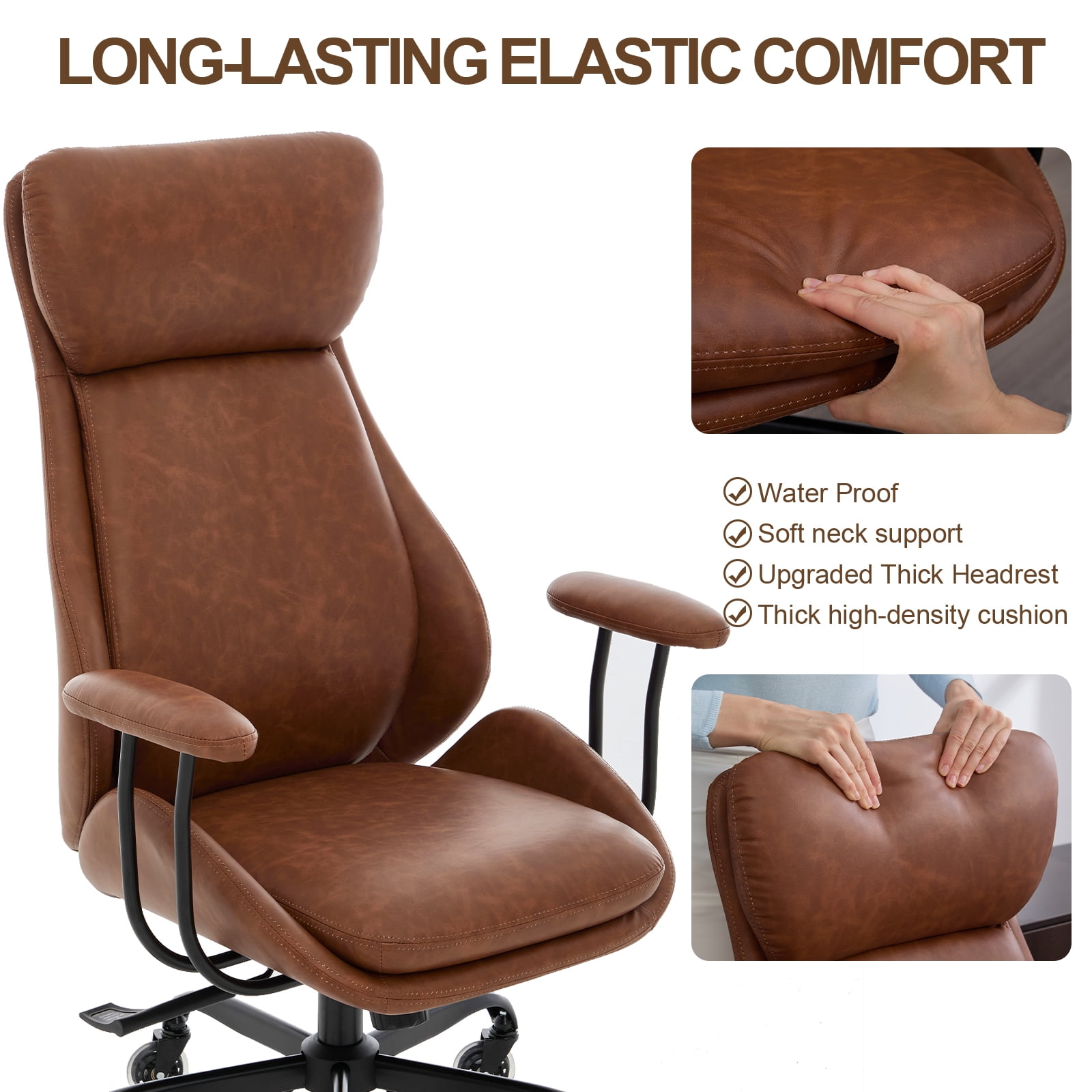 E-Motie Home Office Desk Chair, Ergonomic Computer Chair with Lumbar Support and Head Support, High Back Office Chair with Armrests, Adjustable Height, Rubber Casters, Brown Leather