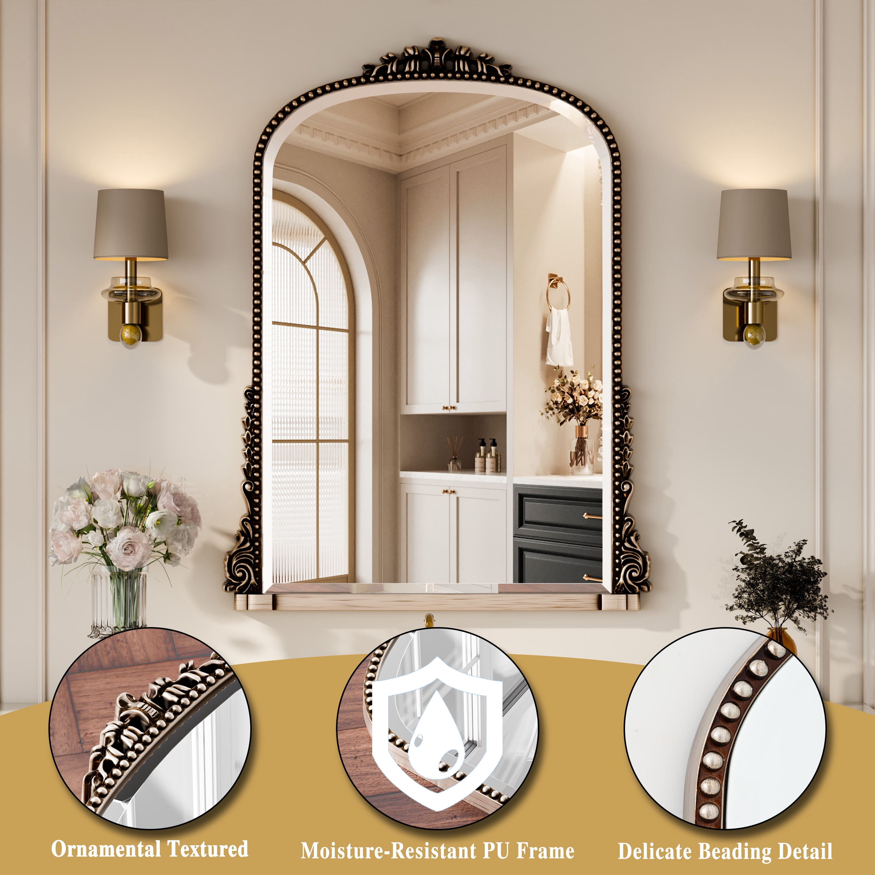 GRAHMCY 40"x 28" Arched Bathroom Mirror Hanging Vanity Mirror Decor Wall Mirror, Antique Silver