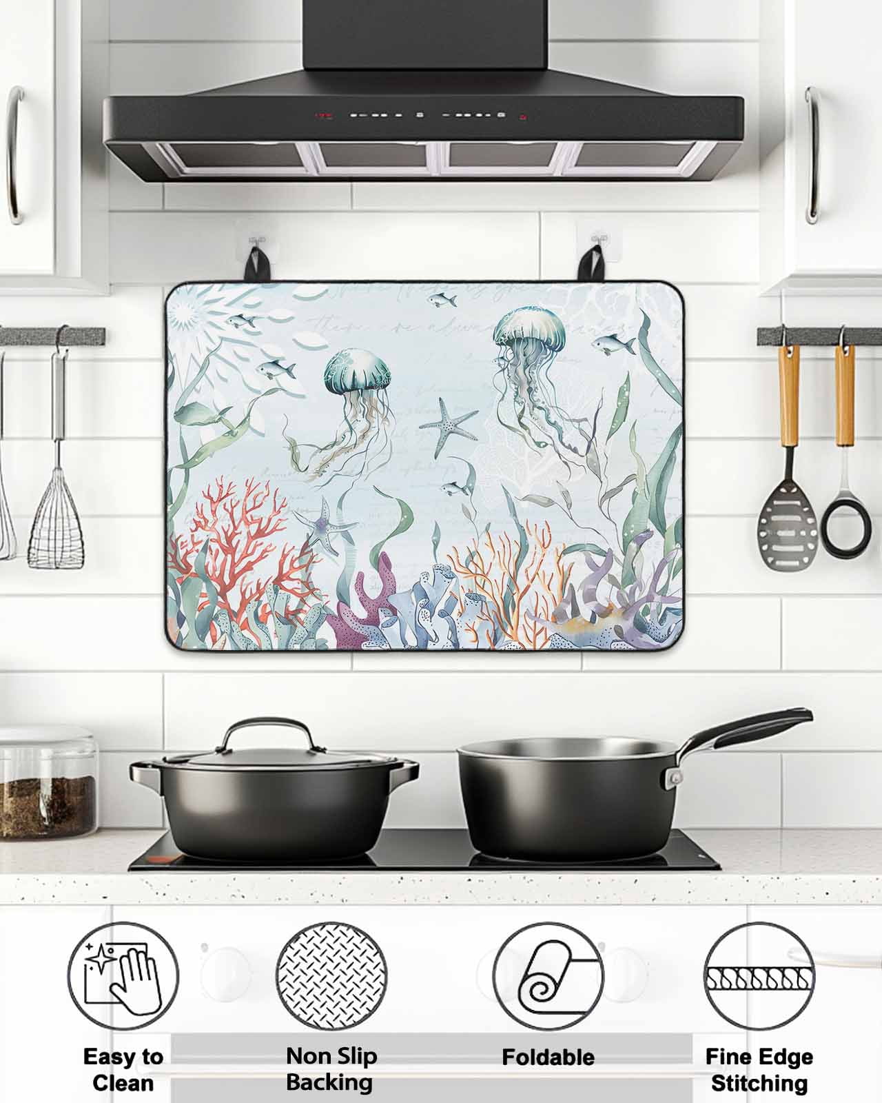 Stove Top Covers for Electric Stove, Green Jellyfish Coastal Glass Stovetop Cover Protector, Summer Beach Coral Starfish Nautical Induction Cooktop Protector Oven Mat for Kitchen Countertop 24"x21"
