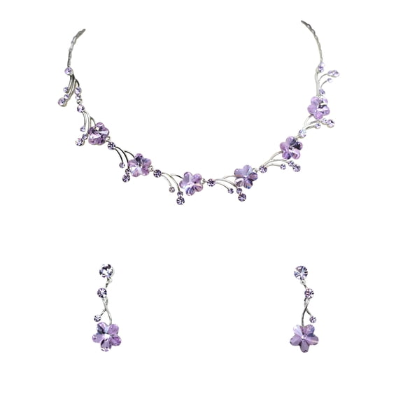 Faship Violet Light Purple Premium Rhinestone Crystal Floral Necklace Earrings Set