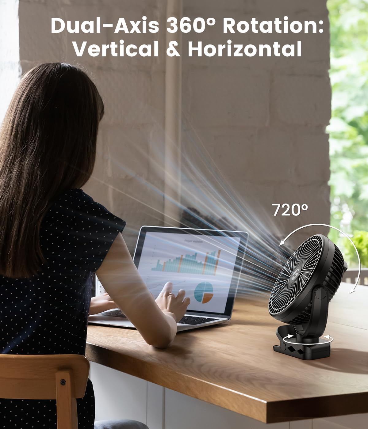 8-inch Portable Fan with 12000mAh Battery, 3 Speeds, Quiet Operation, USB Rechargeable for Office, Bedroom, Camping
