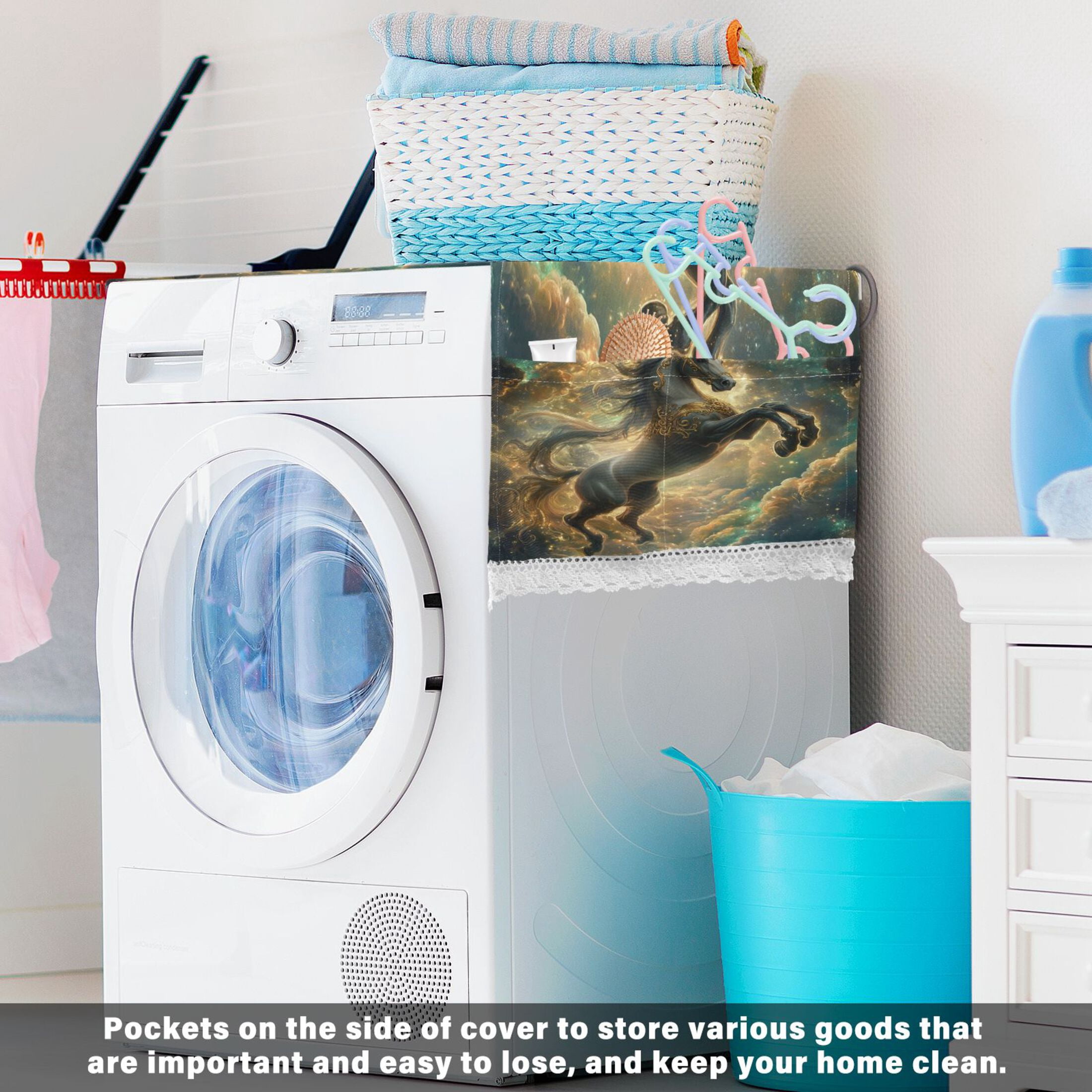 Dustproof Washing Machine Cloth Washer and Dryer Top Covers, Fridge Dust Cover, With Storage Bags Noble and Elegant Horse