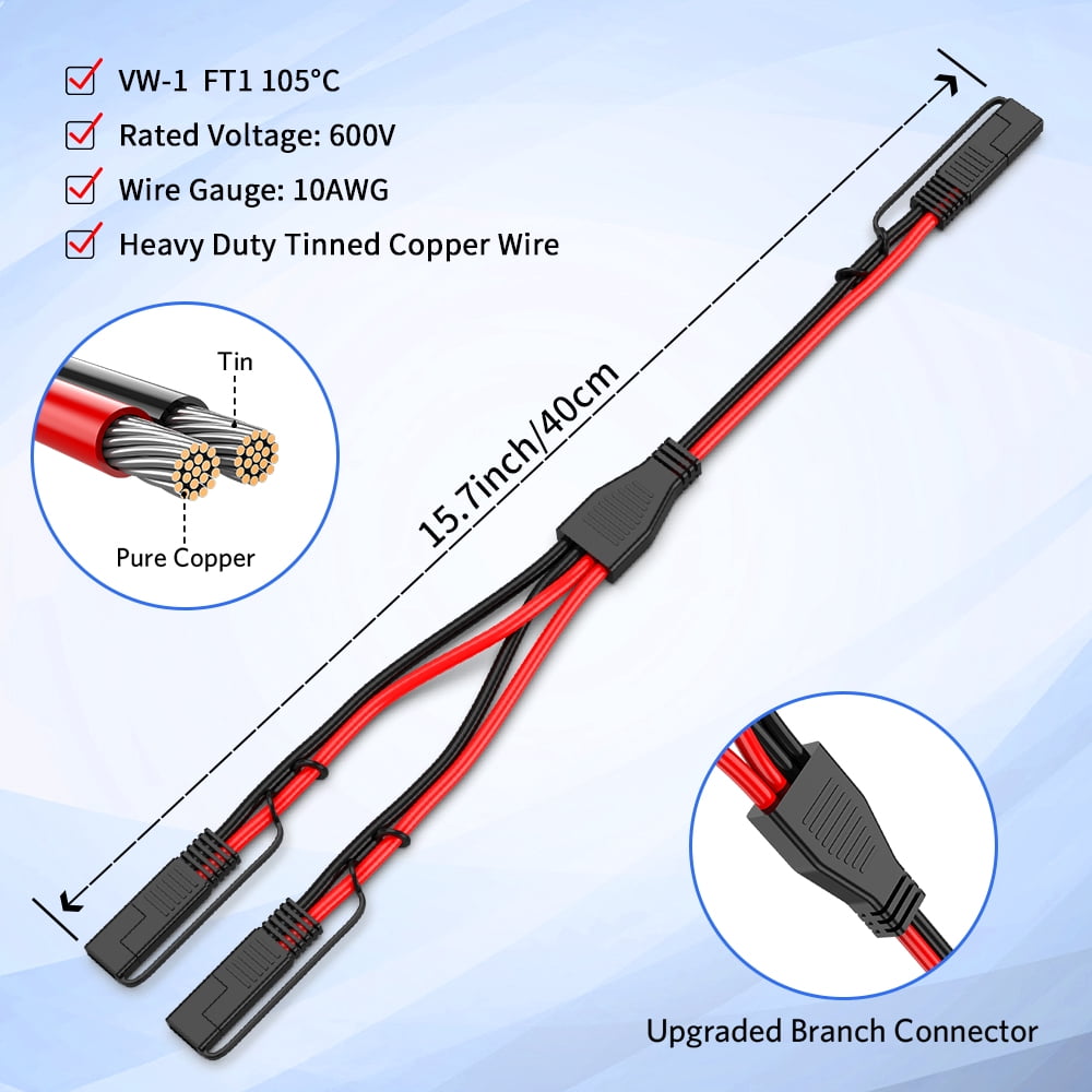 Gadpow 10AWG Sae Y Splitter Cable SAE Quick Disconnect Connector, 1 to 2 SAE to SAE Extension Cable 2-Way Wire Splitter for Solar Panel Battery Charger