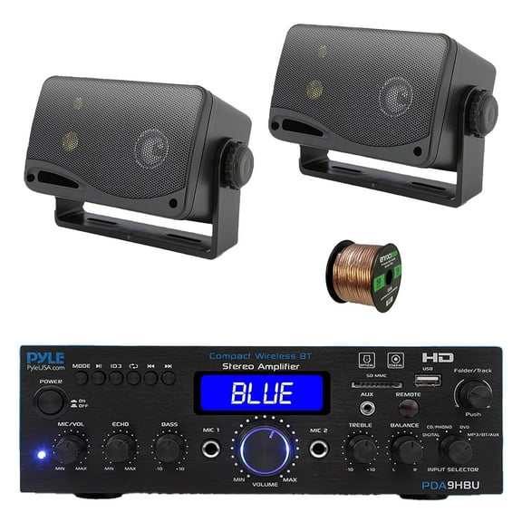 Pyle PDA9HBU 2-Channel Home Theater Bluetooth HiFI Audio Optical/HDMI/USB/SD FM Radio Receiver, 2x 3.5" 200 Watt 3-Way Indoor/Outdoor Wall Mount Audio Speakers (Black), 50 ft 16 Gauge Speaker Wire