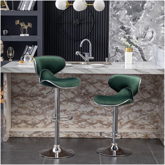 Green Velvet Swivel Bar Stools Set of 2, Adjustable Height with Chrome Footrest