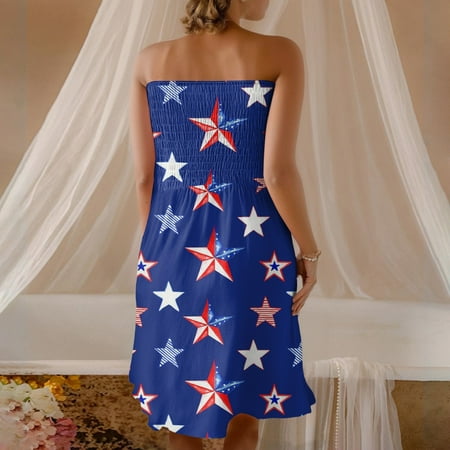 CHCNHAC Independence Day Beach Dresses for Women American Flag Graphic Dresses Patriotic Flattering Flowy Swing Strapless Cocktail Gowns Royal Blue XL