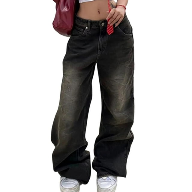 Black Baggy Jeans For Women Mid Wide Leg Jeans Plus Size Denim Pants Style(S)