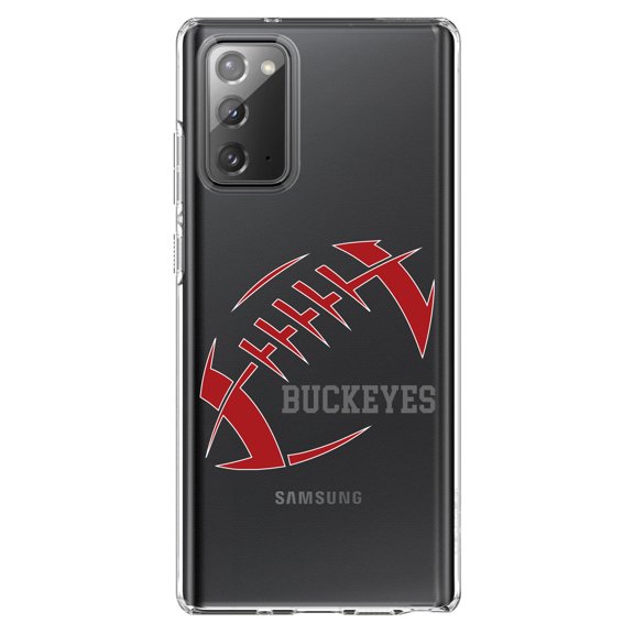 DistinctInk Clear Shockproof Hybrid Case for Samsung Galaxy Note 20 (6.7" Screen) - TPU Bumper, Acrylic Back, Tempered Glass Screen Protector - Buckeyes Football - Scarlet, Gray