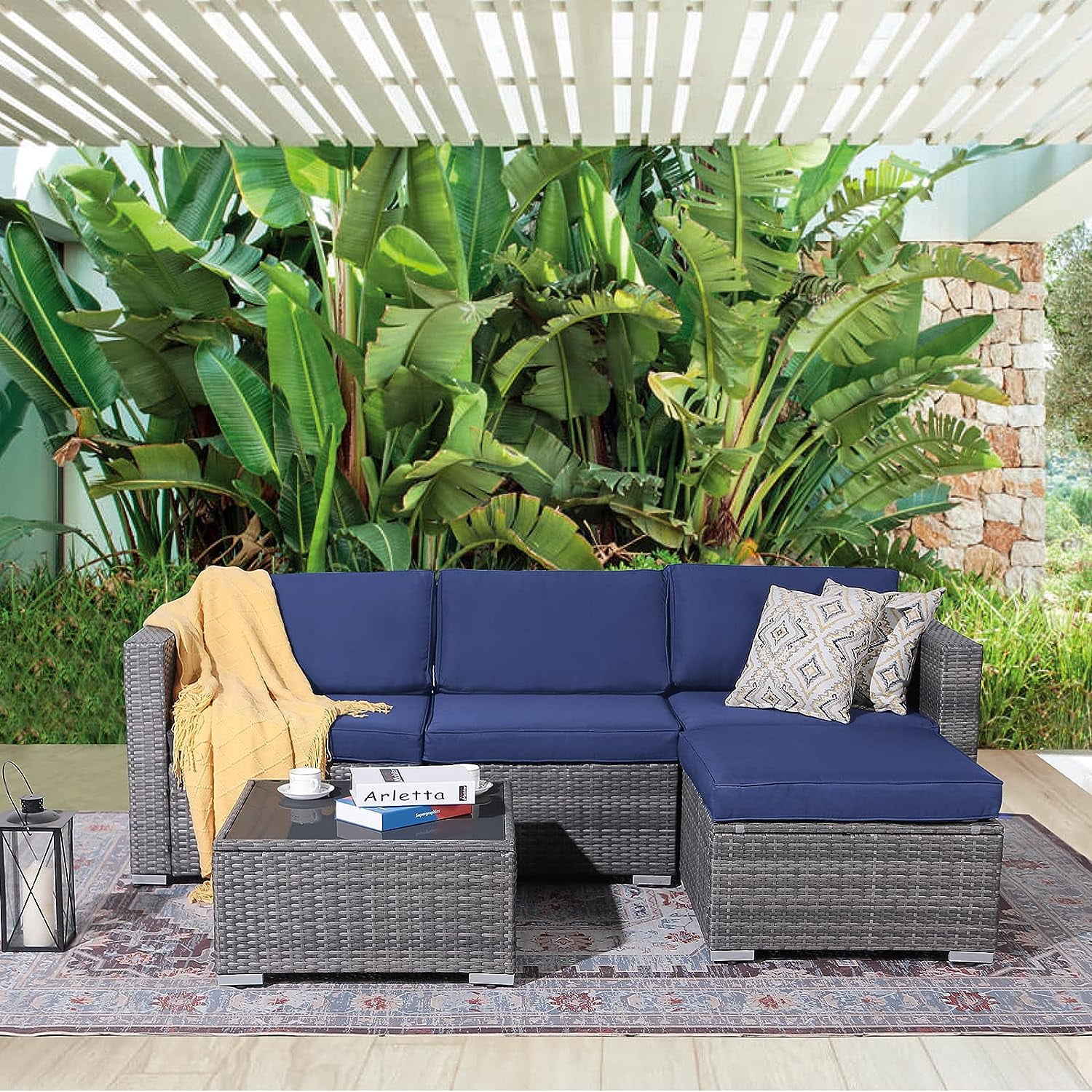 Patiorama 5 Piece Outdoor Rattan Corner Sofa Set Deck Lawn Couch with Navy Blue Cushions Dark Grey PE Wicker Walmart