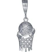 Sterling Silver Basketball Hoop Charm Pendant Necklace with Diamond Cut Finish and 24 Inch Figaro Chain