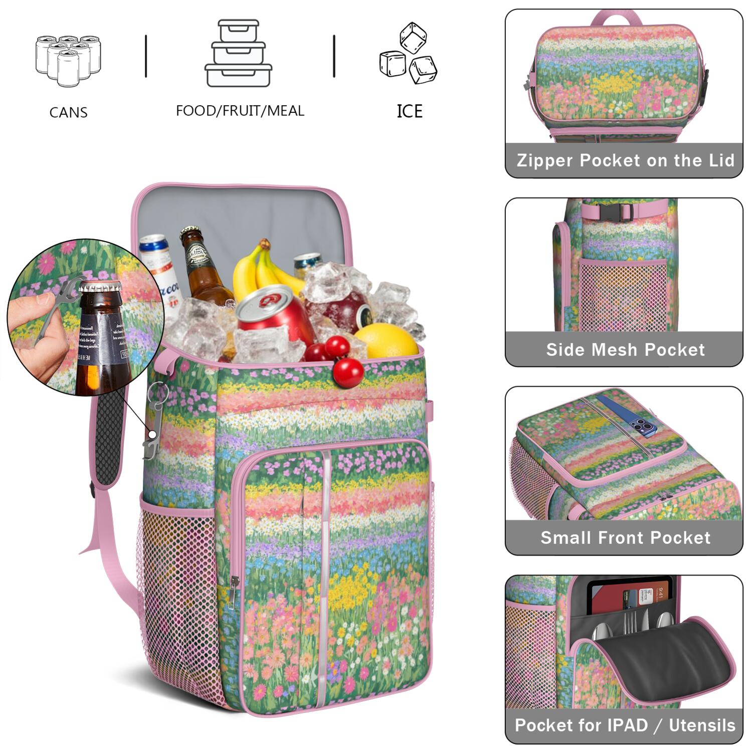 Travel Cooler Bag - Pioneer Flower Camping Beer Cooler Backpack with Bottle Opener- Waterproof Insulated Picnic Backpacks - Cooler Bag for Beach