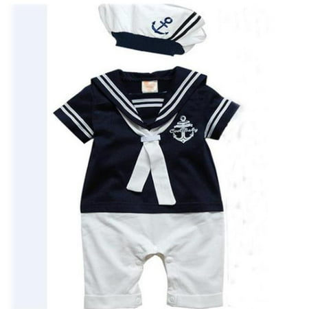 - iLH Mallroom Baby romper Hat Cotton Short Sleeved Navy conjoined baby sailor suit DB/95