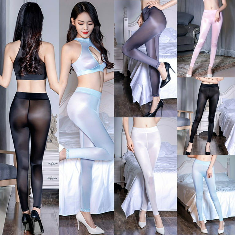 YIWEI Women Sheer Leggings Silky Shiny Trousers Stretch Tight Pants  Clubwear White 