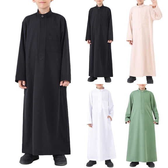 Kids Robe Jacket Long Sleeve Round Neck with Pockets Muslim Arab Style