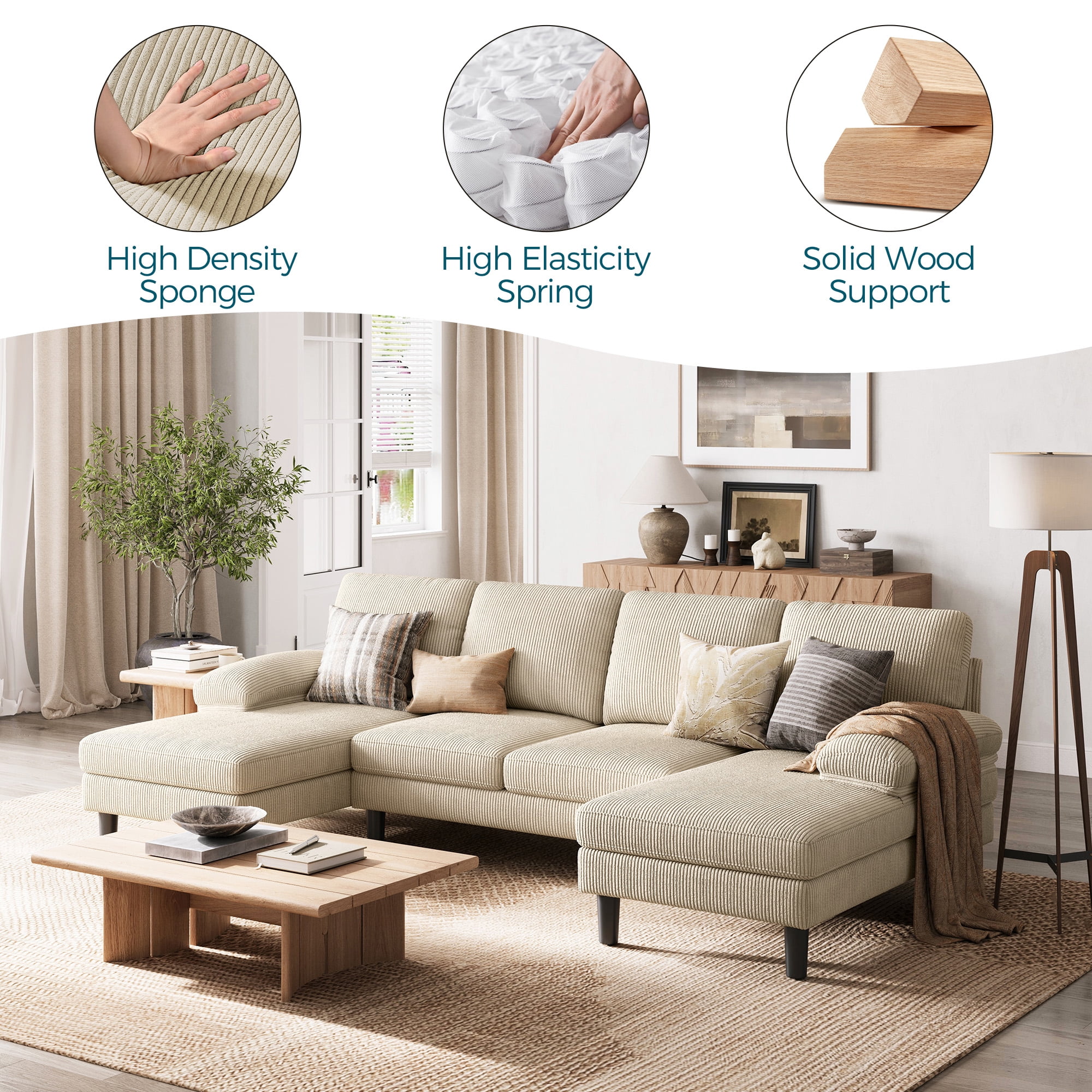 Linsy Home Sectional Sofa for Living Room, U-Shaped Sofa Couch with Corduroy Fabric, 4 Seat Sofa Set with Double Chaise for Apartment, White