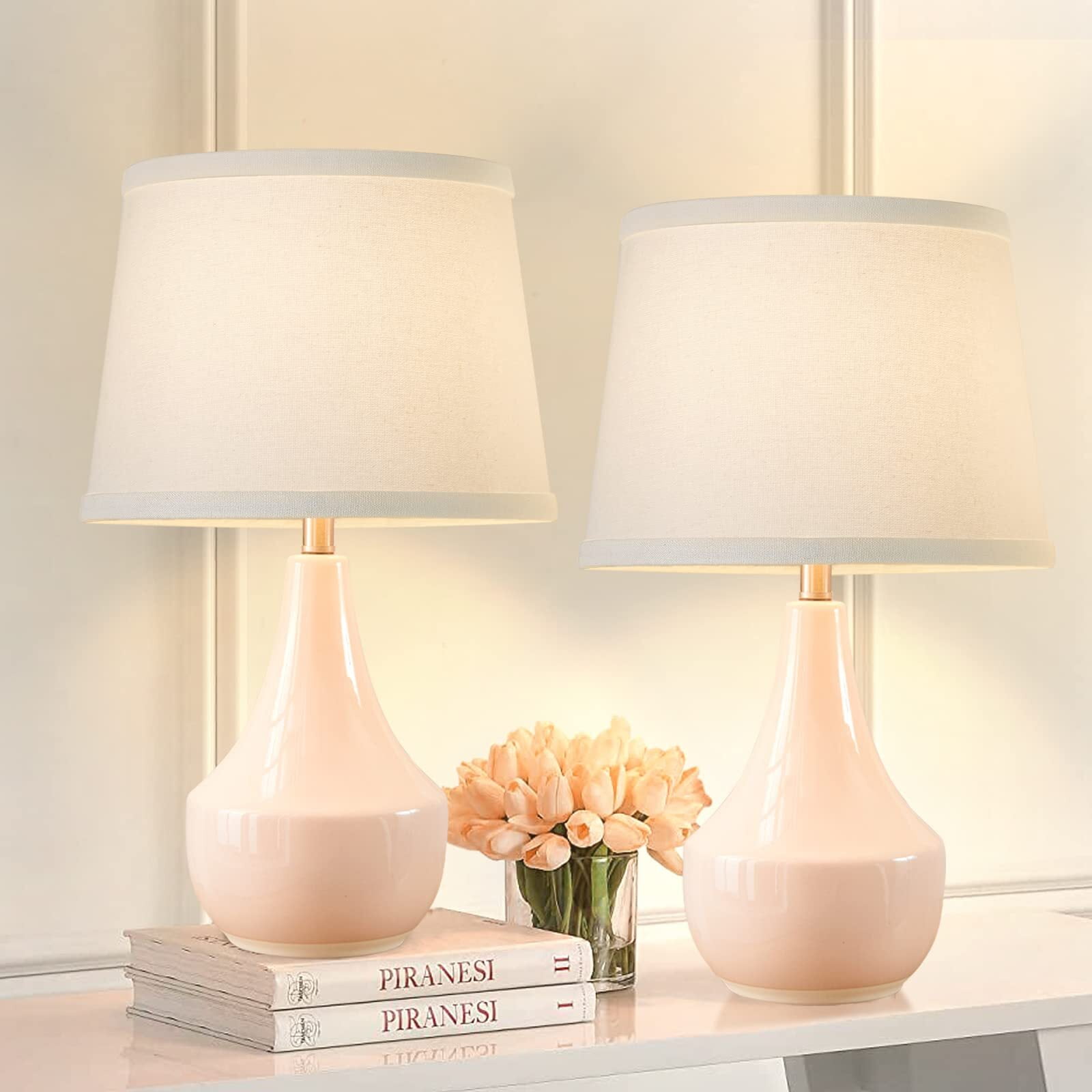NATYSWAN Pink Table Lamp Set of 2, Ceramic Table Lamp Classic Beside Lamps Nightstand Lamp Modern Table Lamp for Living Room, Bedroom Office, Rocker Swtich (LED Bulbs Included)
