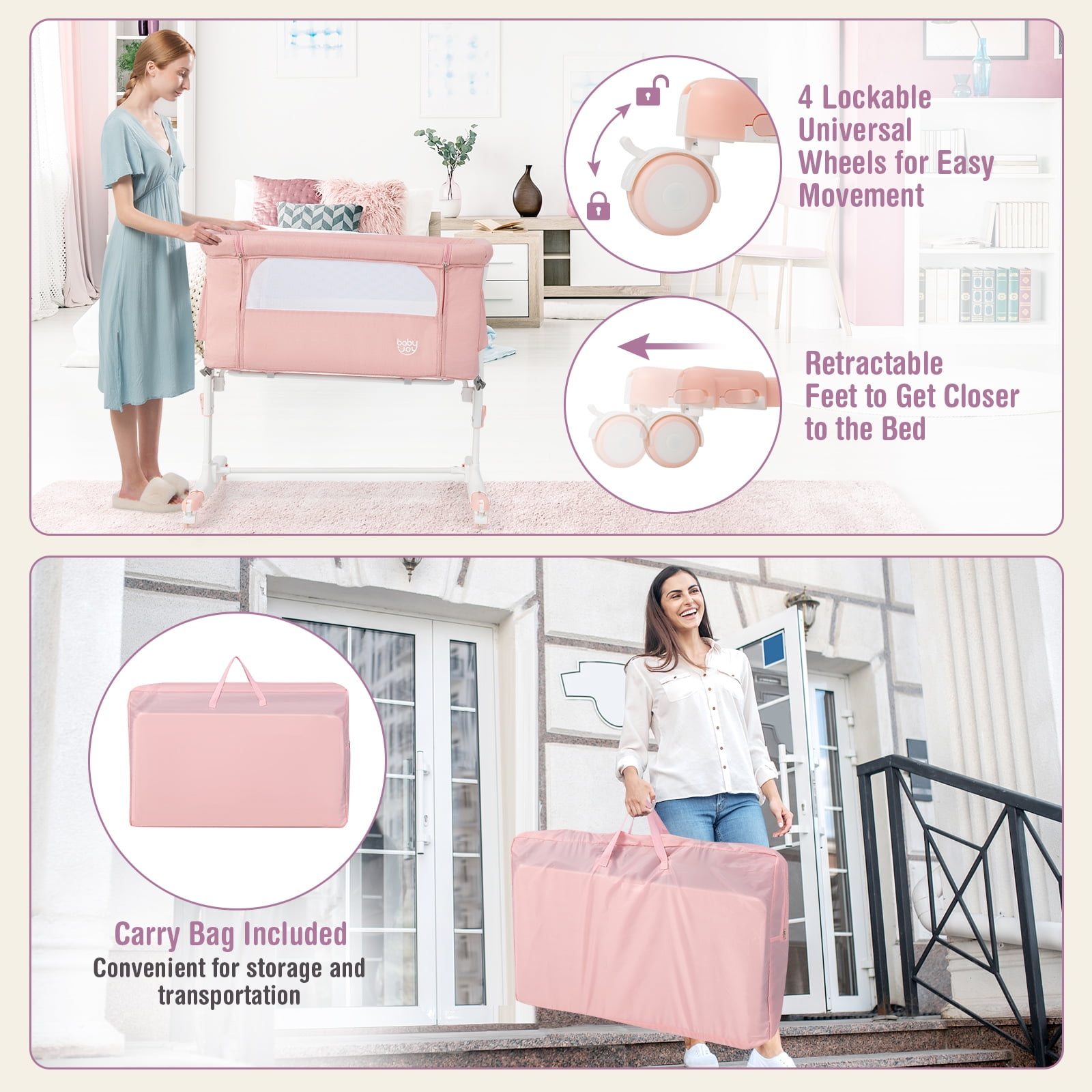 Infans 3-in-1 Baby Bassinet Beside Crib with 5-Level Adjustable Heights Pink