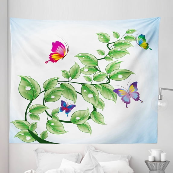 Nature Tapestry, Floral Theme Branch with Leaves Butterflies and Drops of Water Pattern, Fabric Wall Hanging Decor for Bedroom Living Room Dorm, 5 Sizes, Fern Green Pale Blue, by Ambesonne