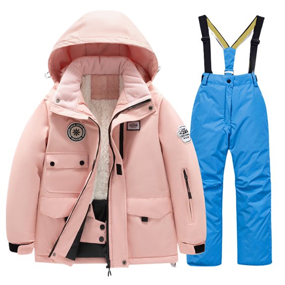 EnJoCho Kids 2 Piece Snowsuit Set Girl Winter Hooded Puffer Jacket & Sno𝗐 Bib Pants Boy Ski Suits Multi Pockets 3-14 Years