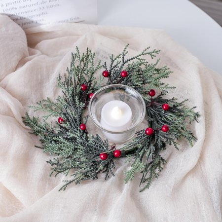 SHILIU-2 Pieces Christmas Candle Rings Wreaths Artificial Flower Red Berries Pine Needles Garland Wreaths Decorations for Tables Centerpieces Winter Xmas Home Kitchen Decors Christmas Ornaments