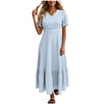thumbnail image 2 of YuXingFu Womens Cotton Dresses with Sleeves Maxi V-Neck Plus Size Womens Dress Short Sleeve for Beach Long Casual Summer Light Blue L, 2 of 7