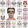 thumbnail image 1 of 17 hojas de tatuaje de cara del Día de los muertos, tatuajes temporales de Halloween, tatuaje de cara de calavera, máscara de rosa roja, tatuaje para fiesta de Halloween, 1 of 5
