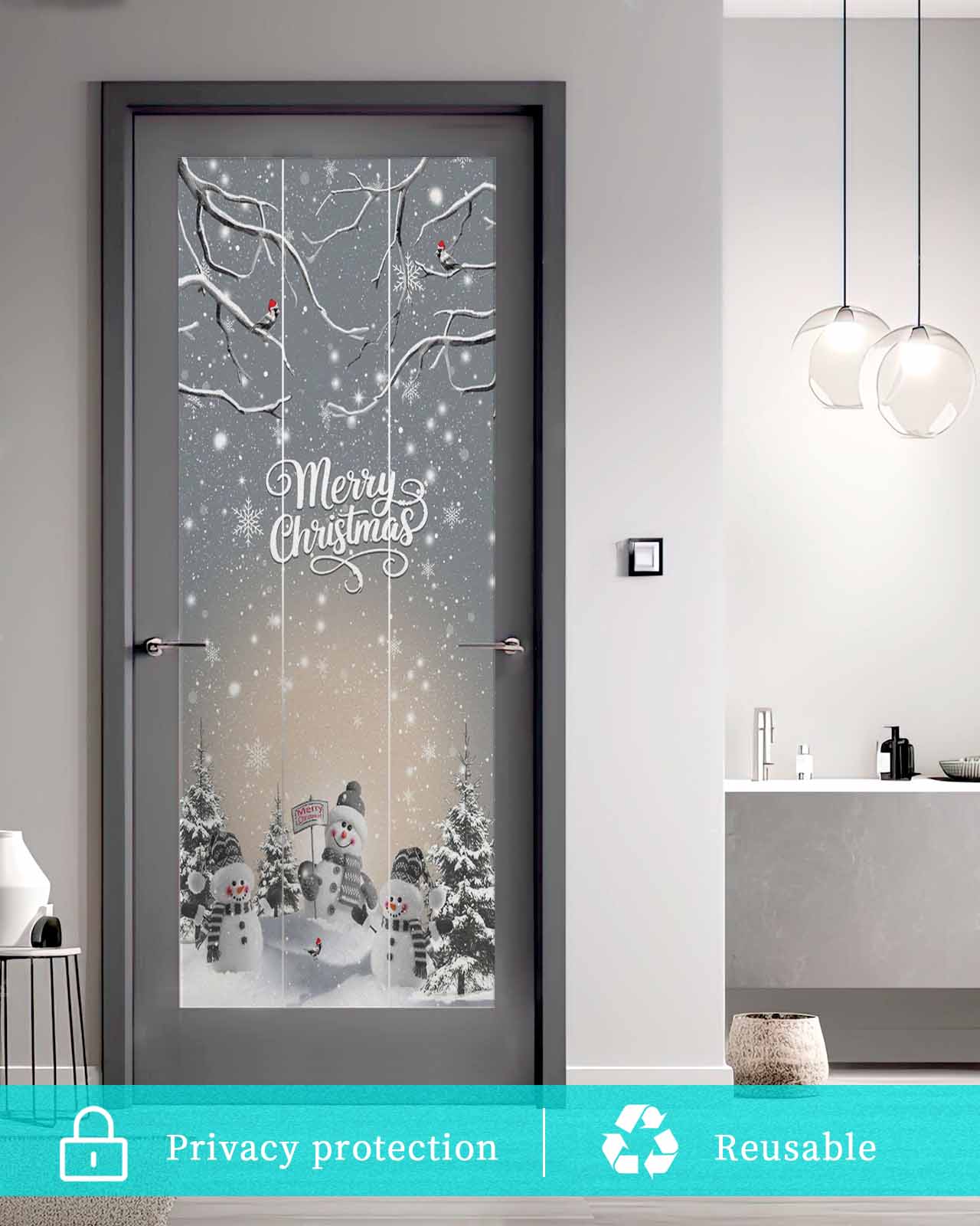 Merry Christmas Window Privacy Film Stained Glass Window Film Decorative Windows Cover Static Windows Cling for Glass Door Grey Snowman Snowflake Xmas Tree Winter Stickers for Bathroom 23.6"x59"