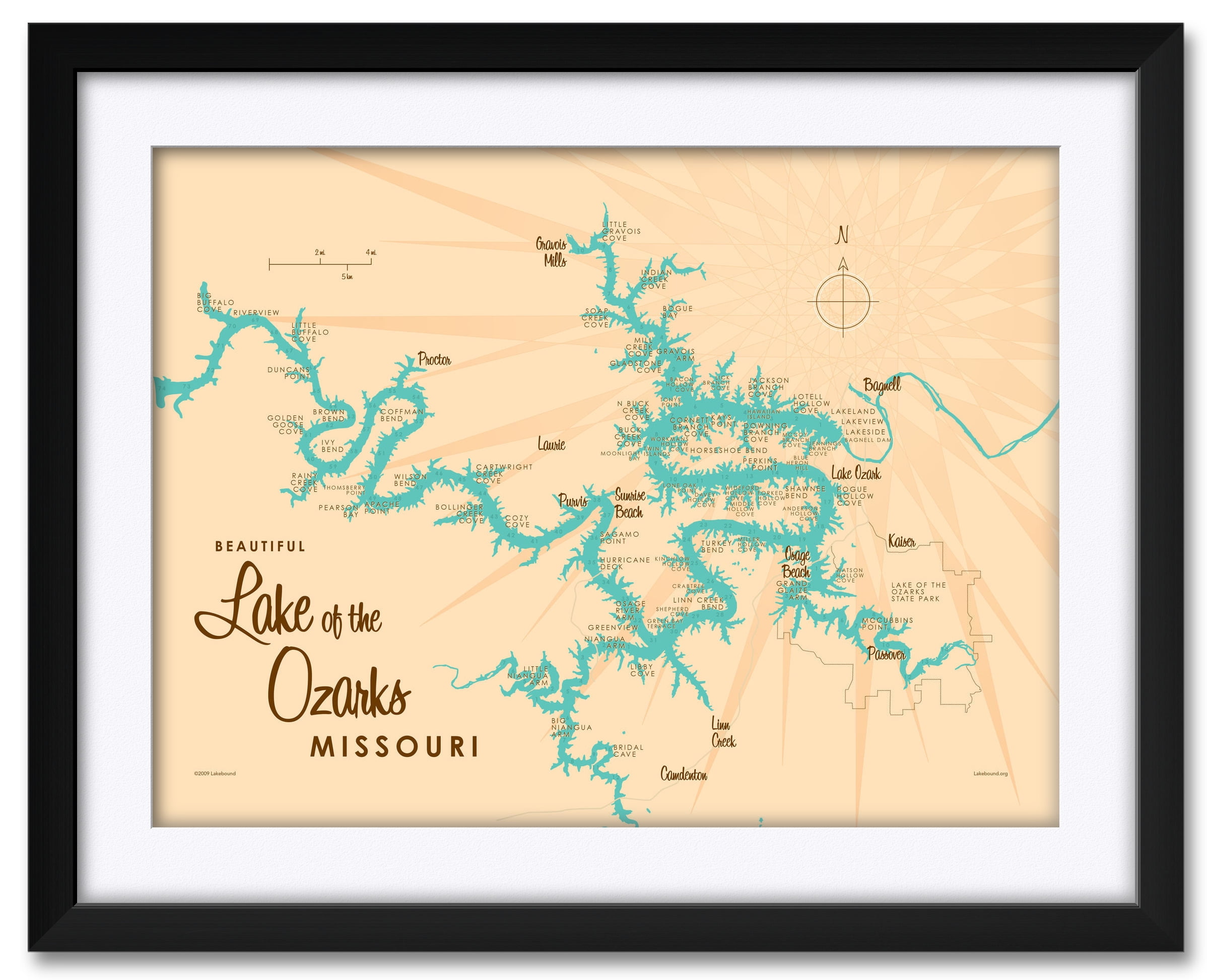 Lake of the Ozarks Missouri Map Framed & Matted Art Print by