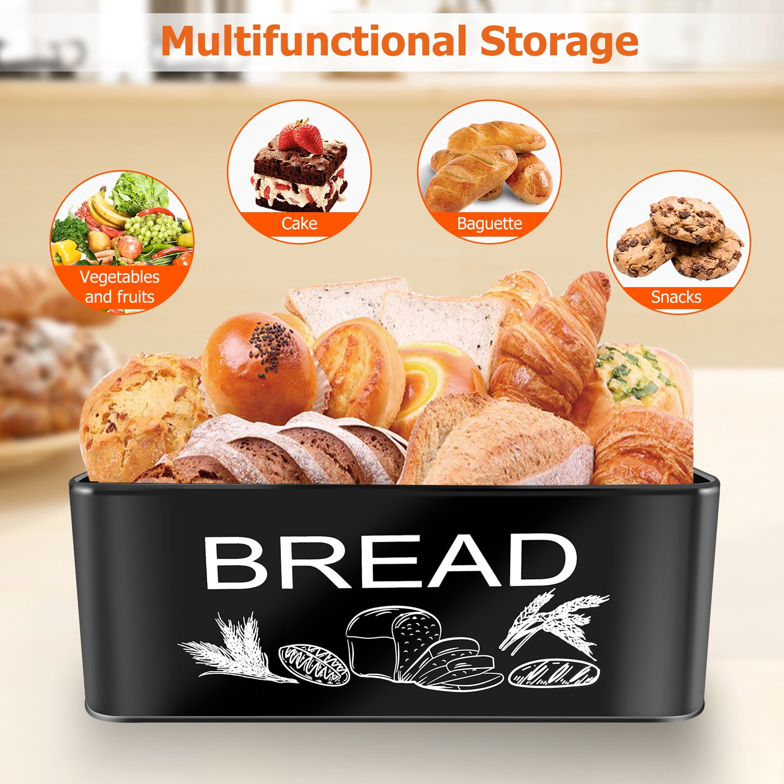 JIGUOOR Black Bread Box, Large Space Metal Bread Box with Wooden Cutting Board Lid, Farmhouse Bread Bins Kitchen Bread Storage 12.99" x 7.08" x 4.72"（L Size）