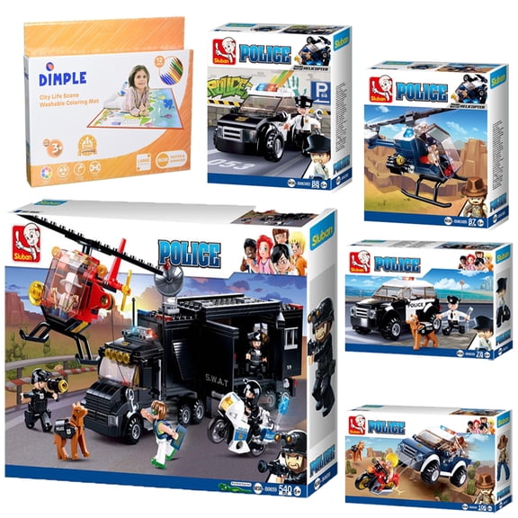 SlubanKids SWAT Police Car, SUV, Jeep & Police Helicopter Building Blocks Toy Set 899 Pcs & Dimple Kids Coloring Play Mat with 12 Markers Gift For Kids