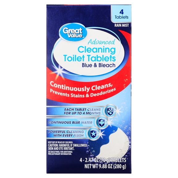 Great Value Advanced Cleaning Toilet Tablets, Blue & Bleach, 4 Count