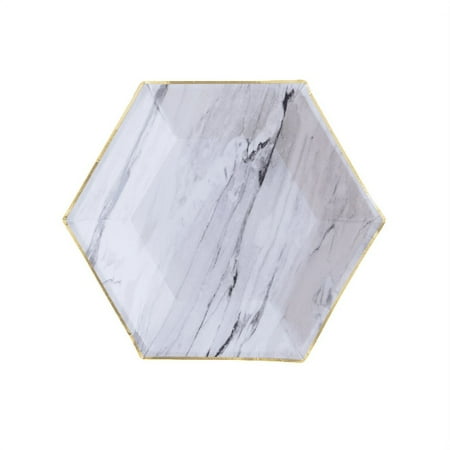 Harlow & Grey, Goddess White and Grey Marble Small Paper Plates with Gold Foil Edge, Hexagon, 8", 8 Count