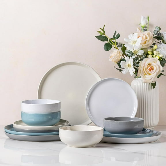 Ceramic Dinnerware Set for 4, 12pcs Stoneware Plates and Bowls Sets, Handmade Chip and Scratch Resistant Dishes Set, Dishwasher & Microwave Safe